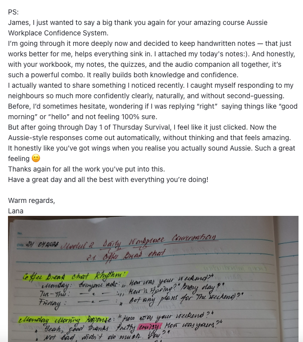 Lana's full thank-you message to James plus her handwritten lesson notes from Daily Workplace Conversations