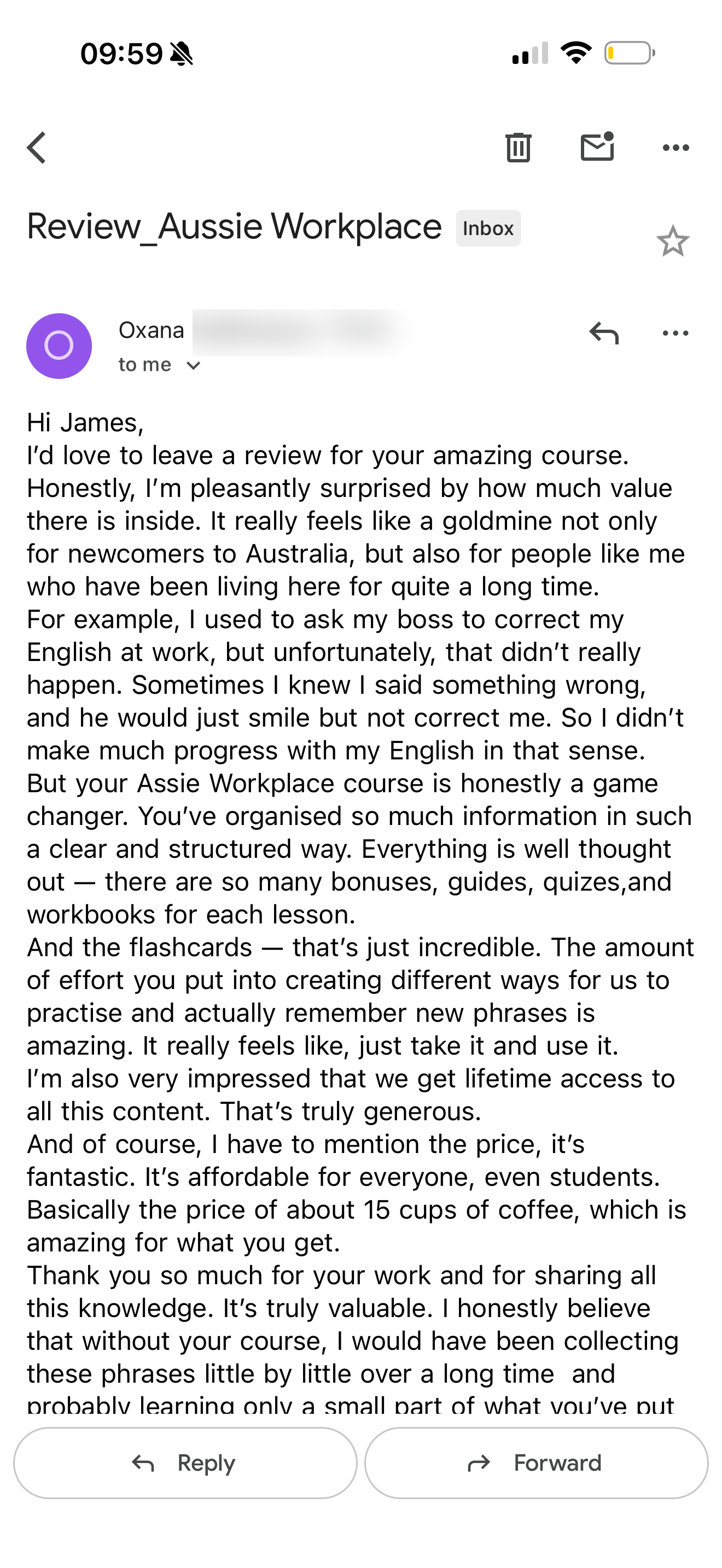 Oxana's full email review of the Aussie Workplace Confidence System, calling it a goldmine